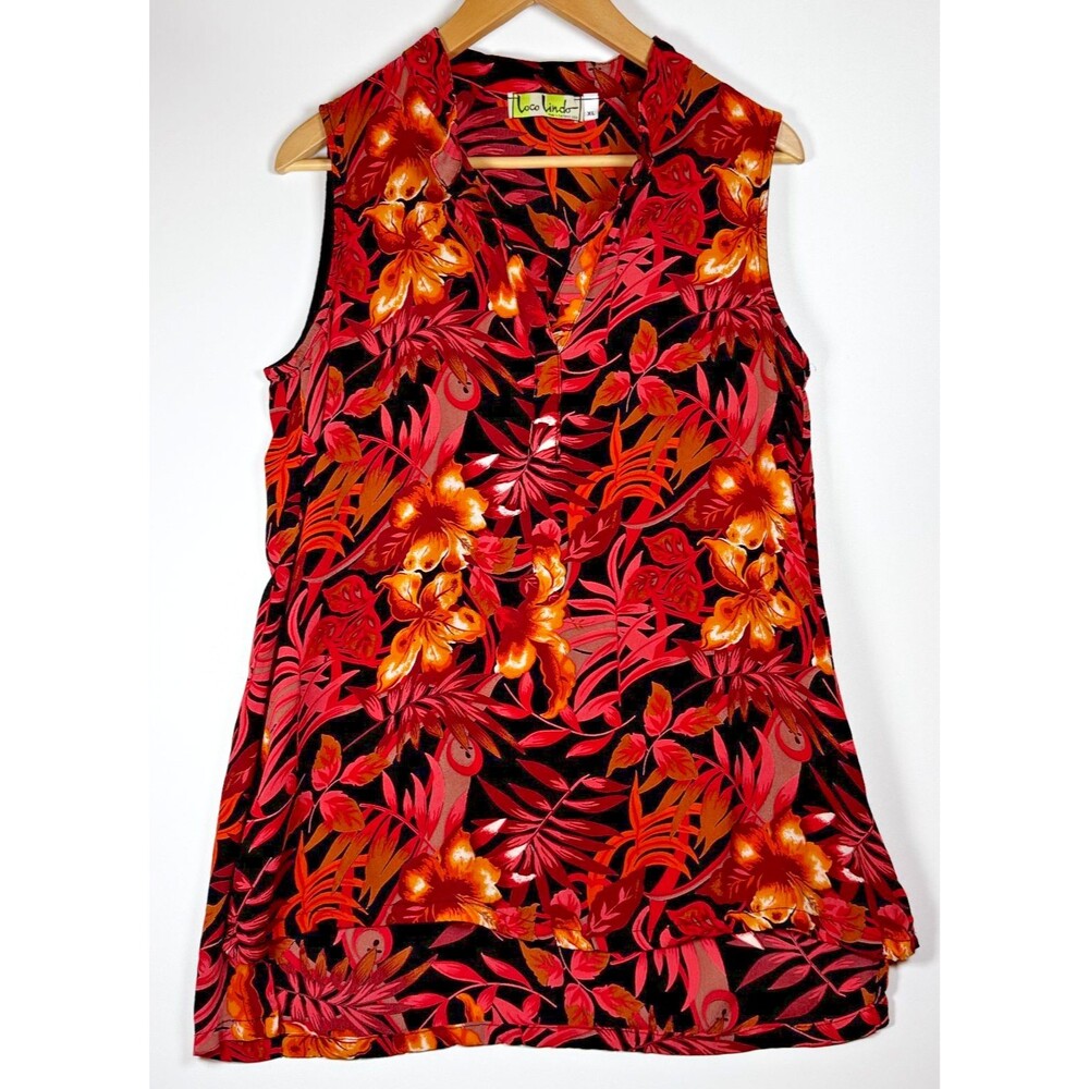 Loco Lindo Sleeveless Blouse XL Made in USA Red Black Floral Hawaiian Aloha Top